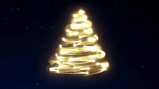 Slow motion tracking shot of glowing golden particles forming spiral tree shape against starry night sky in cosmic dark space background
