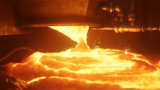 Slow motion close up of molten steel pouring and splashing into crucible at industrial foundry furnace workshop