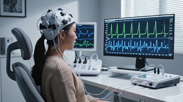 Asian Woman Wearing Eeg Cap Seated At Clinical Workstation, Electrodes Attached To Scalp, Large Monitor Displaying Green And Blue Brain Waveform Traces, Neurology Patient Undergoing Noninvasive Brain