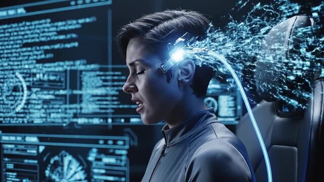 White Female In Neural Interface Chair Connected By Glowing Cable And Head Implant. Data Streams Into Holographic Displays Surrounding Pilot, Creating Intense Clinical Atmosphere. Focused Expression