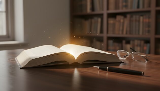 Open book with glowing light on a desk for World Teachers Day concept representing knowledge, education, and inspiration in a classic library setting with a pen and glasses