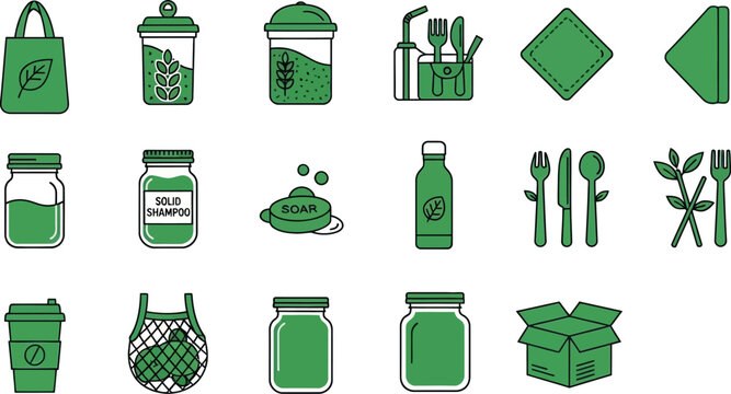 Green icons of eco friendly products and packaging displayed on a white background for 