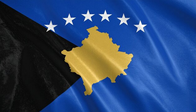 Kosovo national flag waving fabric with gold map and white stars on blue background realistic lighting detailed folds high-resolution texture