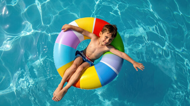 Child floating on colorful pool ring