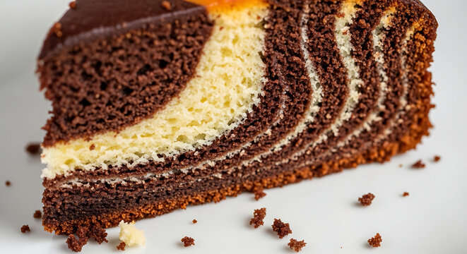 Tempting slice of classic chocolate and vanilla zebra marble cake, showcasing intricate striped layers and a rich, moist texture, ideal for dessert enjoyment