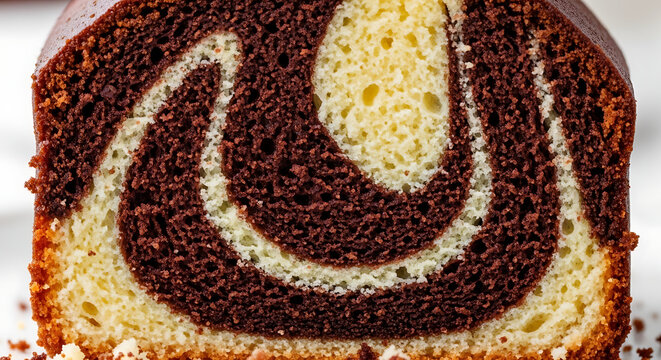 Delicious close-up of a freshly baked marble cake slice, showcasing its intricate chocolate and vanilla swirl pattern, a tempting and sweet homemade dessert