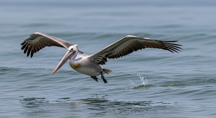 Naklejka premium Pelican Flying Low Over Ocean Water with Wings Spread