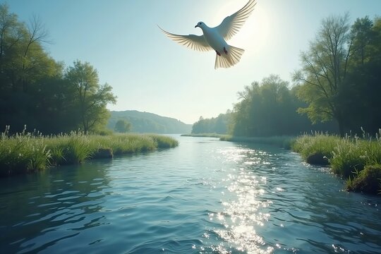 Tranquil Outdoor Scene: A Flowing River with a Single White Dove Flying Above, Capturing the Spirit of the Feast of the Immaculate Conception.