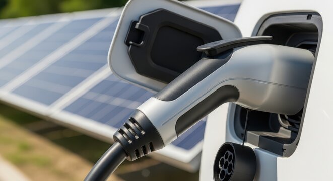 Electric car charging at modern solar panel station in sunny outdoor environment