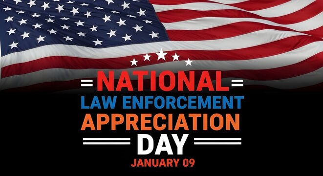 National Law Enforcement Appreciation Day Banner with US Flag and Stars on Black Background for January 9 Police Officer Tribute
