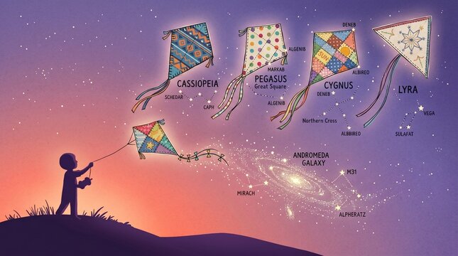 Whimsical astronomy illustration of child flying constellation kites, starry night sky with Cassiopeia Pegasus Cygnus and Lyra, educational space concept