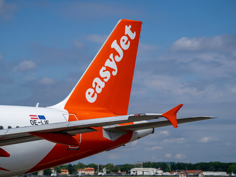 Easyjet name on the vertical stabilizer of the aircraft