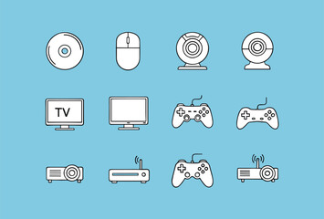 Digital multimedia and home entertainment line icon set featuring compact disc computer mouse webcam television monitor gamepad projector and wireless router vector illustrations. © Azizul