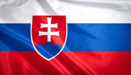 Fototapeta premium Slovakia national flag waving fabric with tricolor and coat of arms shield realistic lighting detailed folds high-resolution texture composition
