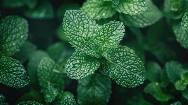 A juicy green mint bush in the garden. Delicious herbs and seasoning.