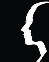 Abstract dual face silhouette illustration showing contrast profiles, identity and perception concept isolated on white background © Mukti