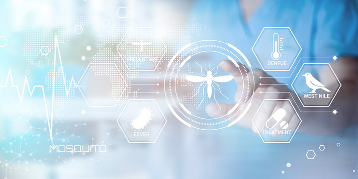 Modern digital illustration showing mosquito related diseases fever dengue west nile virus treatment and medical data visualization