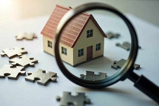 Uncovering hidden costs: magnifying glass examining house with scattered puzzle pieces, symbolizing property valuation challenges.