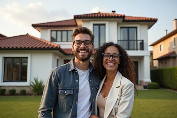Obraz premium In Stylish Attire, Young Couple Poses Happily in Front of New Home, Thrilled About Their Property