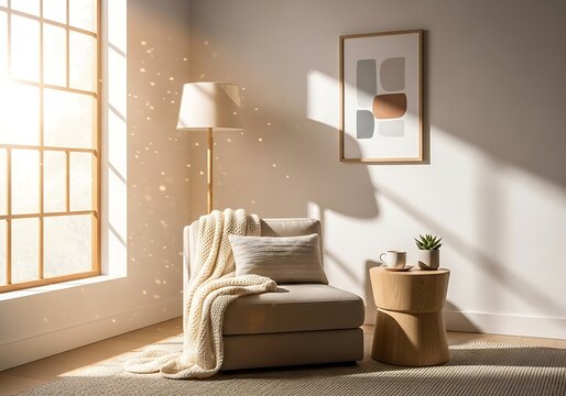 Cozy living room interior with armchair sunlight and decorative artwork