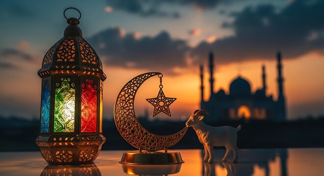 Eid Al Adha Celebration with Lantern and Crescent Moon at Sunset