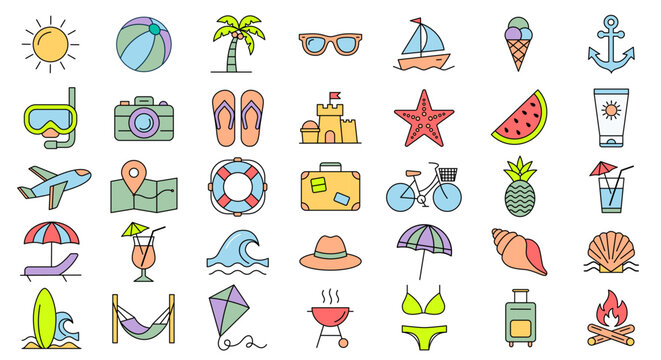 Summer Icons Vector Set &mdash; 35 Beach, Travel and Vacation Flat Line Art Elements in Pastel Colors