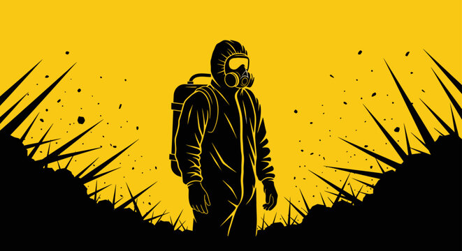 hazmat suit biohazard chemical protection danger contamination isolated worker on a yellow warning background.