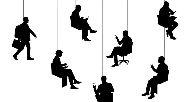 suspended people silhouettes using mobile devices illustrating digital addiction and social isolation in modern society.