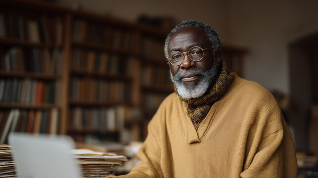 Elderly Black professor alone in university library archive after hours, stacks of physical journals surrounding open laptop, frustrated expression, academic publishing paywall barrier, open access 