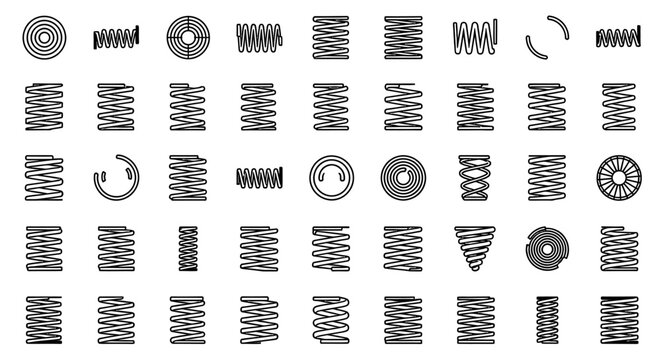spring icon set for mechanical engineering designs featuring various coil spring types and industrial components on a white background
