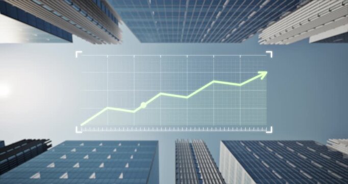 Dynamic rising green graph with upward arrow over backdrop of towering skyscrapers, clear sky. Symbolizes real estate investment growth, increasing property value and strong market performance.