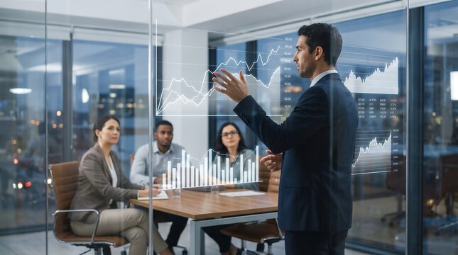 Business meeting in glass-walled conference room with presentation