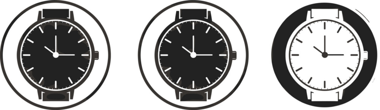 Luxury wrist watch icon set featuring black and white analog clock face silhouettes with leather straps isolated in circular frames for time management design.