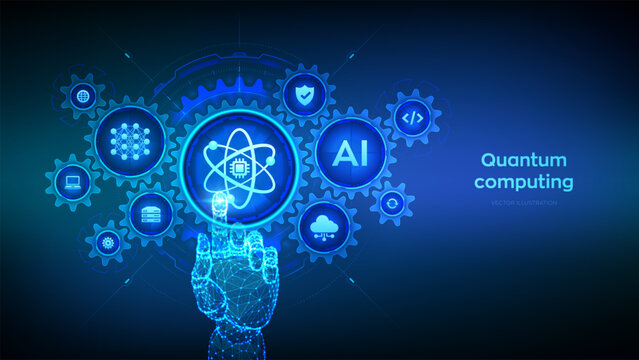 Quantum computing technology concept. Quantum technology. Data analytics. Quantum qubit intelligent computing. Hand touching digital interface with interconnected gears and icons. Vector illustration.