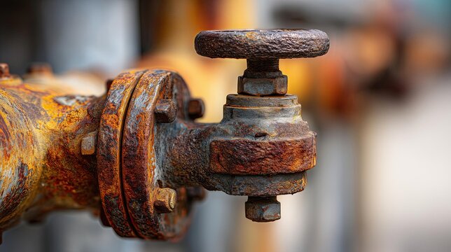 Close-up of a rusted industrial valve with handwheel and peeling paint in an industrial setting