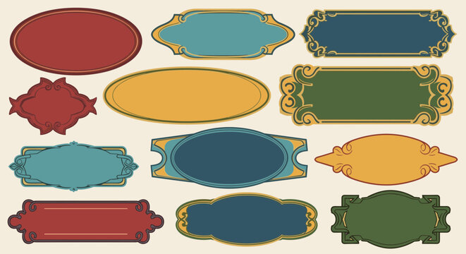 Vintage labels, colorful tags, decorative banners, ornate frames
