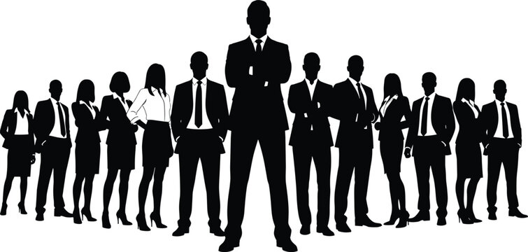 Business team leader silhouettes with group of professionals, men and women corporate people standing together, leadership concept isolated for web, presentation and branding design use