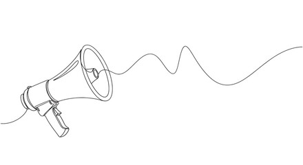 Obraz premium Continuous line drawing of a megaphone with sound waves, minimalist bullhorn illustration for communication and marketing concepts