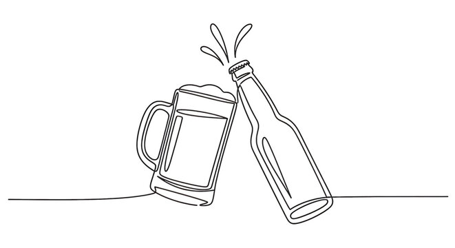 Continuous one line drawing of beer mug and bottle clinking together