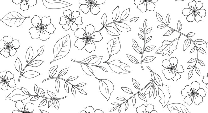 Seamless pattern with handdrawn cherry blossoms and leaves