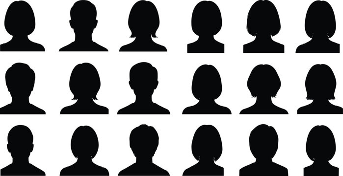 Collection of avatar head silhouettes with diverse hairstyles, male and female profiles, minimalist black vector set for identity and user icons