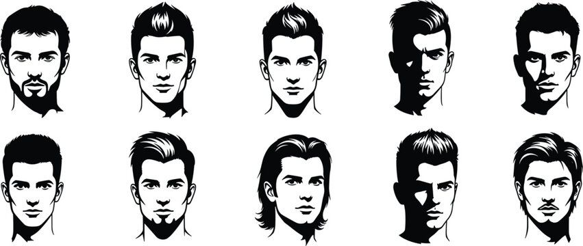 Collection of male face illustrations, stylish men portraits with different hairstyles and expressions, modern vector head icons for barber, fashion, avatar and design use