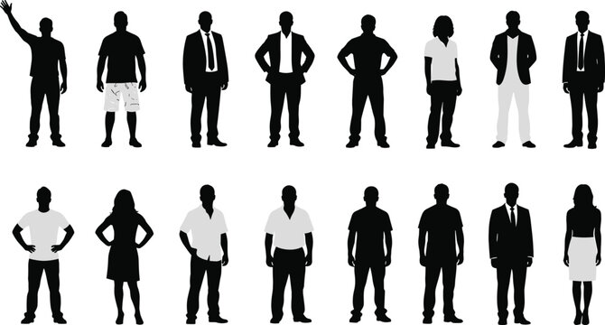 Collection of men and women silhouettes, casual and business people standing poses set, human figures isolated for web, design, presentation and social media use