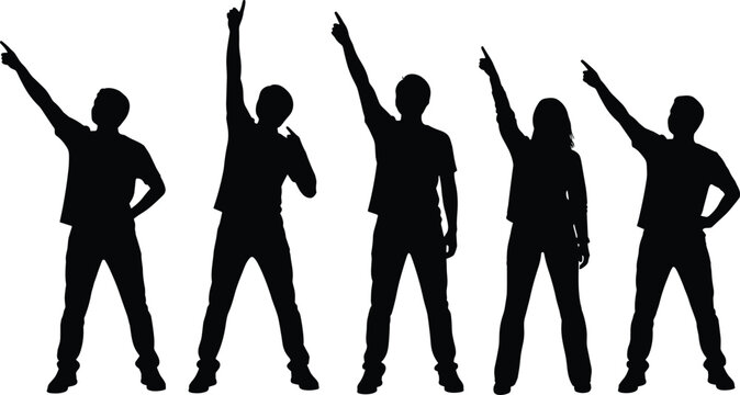 Collection of standing people silhouettes pointing upward, dynamic gesture poses, minimalist black vector figures for success, direction, and motivation concepts
