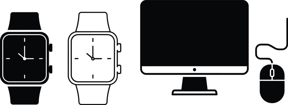 Smartwatch and computer monitor icon set featuring black and white smart watch designs with analog clock faces and a desktop pc screen with mouse vector.