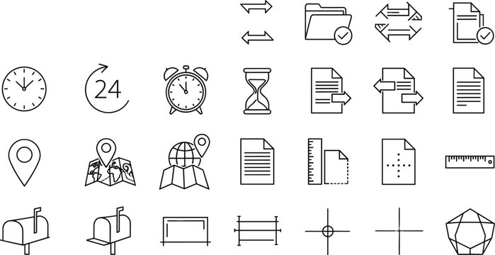 Modern line icon set featuring time management, document workflow, navigation, measurement tools, and scheduling concepts in minimal outline vector style