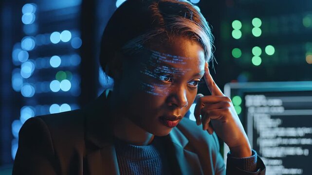 Woman programmer with code projection on face sits in front of computer in dark office at night. Software developer works with coding reflected on face. IT specialist concentrates on programming work.