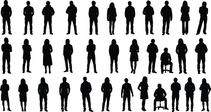 Large collection of diverse people silhouettes, men and women standing poses set, human figures isolated for crowd, business, social and design projects