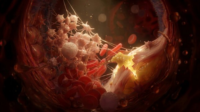 Atherosclerotic plaque and blood clot formation in artery, 3D medical illustration