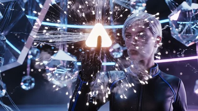 Woman interacts with holographic triangle creating explosion effects in futuristic environment. Female touches glowing triangle with particles. Woman controls hologram display. Futuristic tech